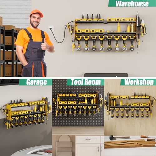Suchtale Power Tool Organizer with Charging Station,33.2"Garage 8 Drill Holders Wall Mount,3 Layers Heavy Duty Metal Tool Shelf with 8 Outlets Power Strip,Utility Rack for Screwdriver Pegboard,Yellow