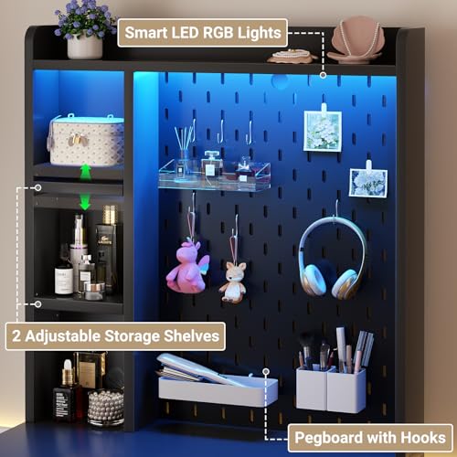 Besiost Small Vanity Desk with Hutch and Drawers, Black Makeup Vanity Desk with Charging Station, Vanity Table Dressing Table with LED Lights, Vanity Desk No Mirror with Pegboard for Girls Women, 24"