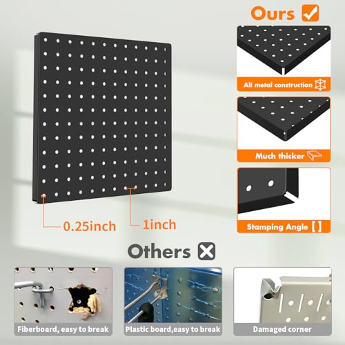 Peg Board, 4PCS Metal Pegboard, Heavy Duty Pegboard Wall Organizer with Frame. Black Pegboard for Walls, Garage, Workbench, Craft Room Tool Organization, Metal Pegboard Panels 12in*12in