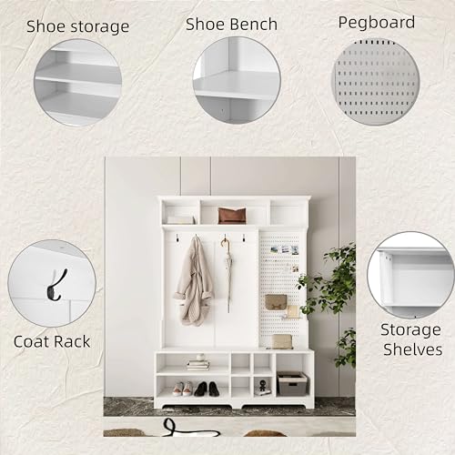 HHOK Cabinet Bench, Shoe, Storage Shelves and Pegboard for Hallways, Bedrooms-White Coat Rack Freestanding Hall Tree, White-15