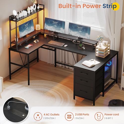 VIGKOOK U Shaped Gaming Desk with Hutch, 98.4in Reversible L Shaped Computer Desk with Power Outlets, Home Office Desk LED Light, Monitor Stand 3 Drawers Shelves Pegboard 6 Hooks (Texture Black)