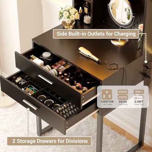 Besiost Small Vanity Desk with Hutch and Drawers, Black Makeup Vanity Desk with Charging Station, Vanity Table Dressing Table with LED Lights, Vanity Desk No Mirror with Pegboard for Girls Women, 24"