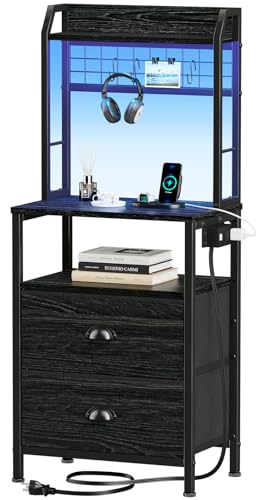 Furologee 41'' Tall Nightstand with Charging Station, Bedside Table with LED Lights, End Table with Drawers and Storage Shelves, Black Night Stand with Pegboard, for Bedroom/Living Room/Study Room