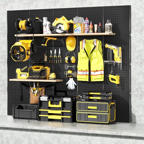 Peg Board, 4PCS Metal Pegboard, Heavy Duty Pegboard Wall Organizer with Frame. Black Pegboard for Walls, Garage, Workbench, Craft Room Tool Organization, Metal Pegboard Panels 12in*12in