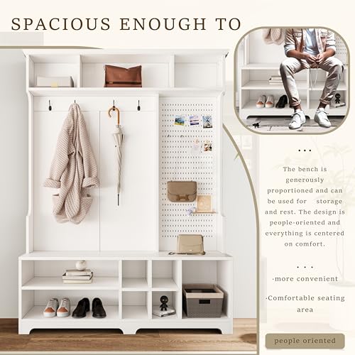 HHOK Cabinet Bench, Shoe, Storage Shelves and Pegboard for Hallways, Bedrooms-White Coat Rack Freestanding Hall Tree, White-15
