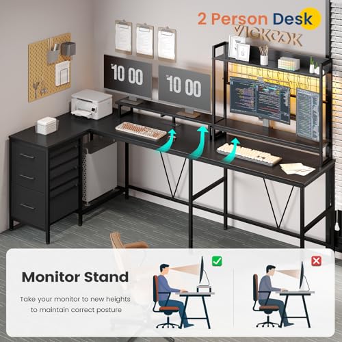 VIGKOOK U Shaped Gaming Desk with Hutch, 98.4in Reversible L Shaped Computer Desk with Power Outlets, Home Office Desk LED Light, Monitor Stand 3 Drawers Shelves Pegboard 6 Hooks (Texture Black)