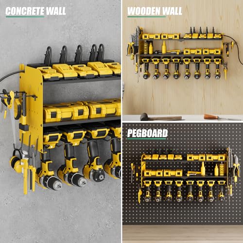 Suchtale Power Tool Organizer with Charging Station,33.2"Garage 8 Drill Holders Wall Mount,3 Layers Heavy Duty Metal Tool Shelf with 8 Outlets Power Strip,Utility Rack for Screwdriver Pegboard,Yellow