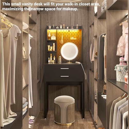 Besiost Small Vanity Desk with Hutch and Drawers, Black Makeup Vanity Desk with Charging Station, Vanity Table Dressing Table with LED Lights, Vanity Desk No Mirror with Pegboard for Girls Women, 24"