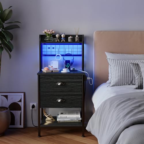 Furologee 41'' Tall Nightstand with Charging Station, Bedside Table with LED Lights, End Table with Drawers and Storage Shelves, Black Night Stand with Pegboard, for Bedroom/Living Room/Study Room