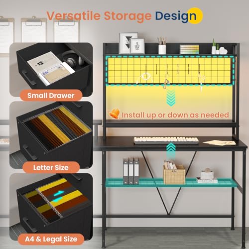 VIGKOOK U Shaped Gaming Desk with Hutch, 98.4in Reversible L Shaped Computer Desk with Power Outlets, Home Office Desk LED Light, Monitor Stand 3 Drawers Shelves Pegboard 6 Hooks (Texture Black)