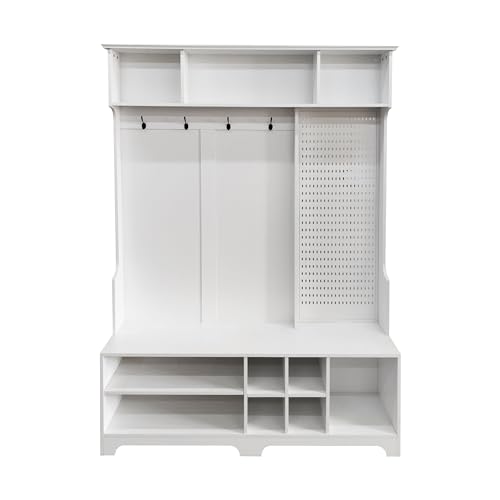 HHOK Cabinet Bench, Shoe, Storage Shelves and Pegboard for Hallways, Bedrooms-White Coat Rack Freestanding Hall Tree, White-15