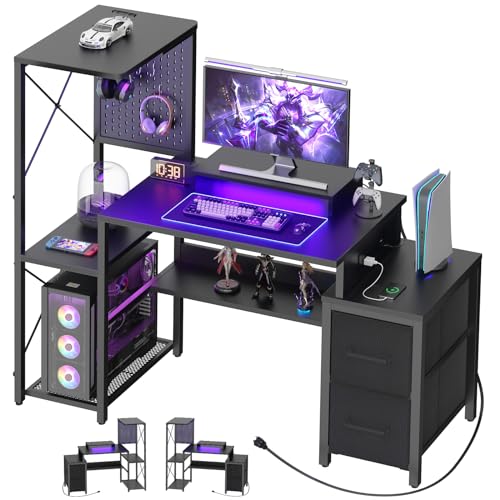 Small Gaming Desk with 2 Fabric Drawers - Reversible Computer Desk with Power Outlet & LED Lights, 49" Office Desk with Monitor Stand & Storage Shelves, Writing Study Table with Pegboard, Black