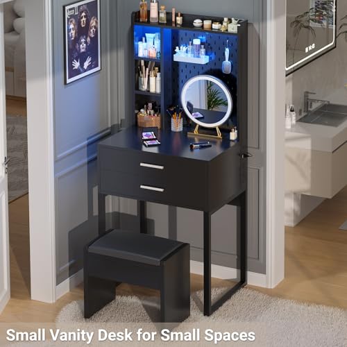 Besiost Small Vanity Desk with Hutch and Drawers, Black Makeup Vanity Desk with Charging Station, Vanity Table Dressing Table with LED Lights, Vanity Desk No Mirror with Pegboard for Girls Women, 24"