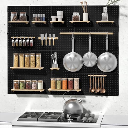 Peg Board, 4PCS Metal Pegboard, Heavy Duty Pegboard Wall Organizer with Frame. Black Pegboard for Walls, Garage, Workbench, Craft Room Tool Organization, Metal Pegboard Panels 12in*12in