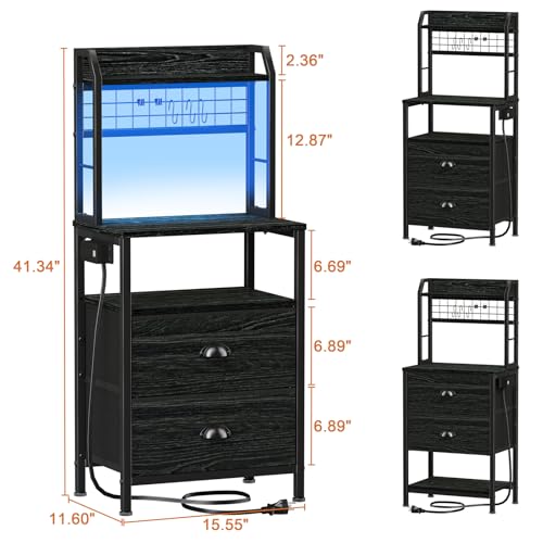 Furologee 41'' Tall Nightstand with Charging Station, Bedside Table with LED Lights, End Table with Drawers and Storage Shelves, Black Night Stand with Pegboard, for Bedroom/Living Room/Study Room
