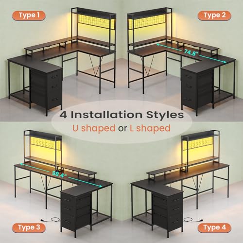 VIGKOOK U Shaped Gaming Desk with Hutch, 98.4in Reversible L Shaped Computer Desk with Power Outlets, Home Office Desk LED Light, Monitor Stand 3 Drawers Shelves Pegboard 6 Hooks (Texture Black)