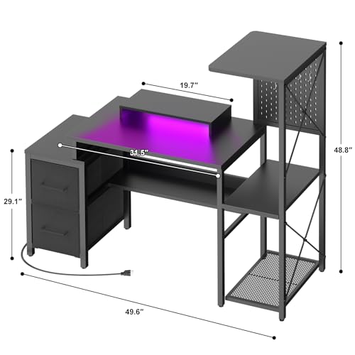 Small Gaming Desk with 2 Fabric Drawers - Reversible Computer Desk with Power Outlet & LED Lights, 49" Office Desk with Monitor Stand & Storage Shelves, Writing Study Table with Pegboard, Black
