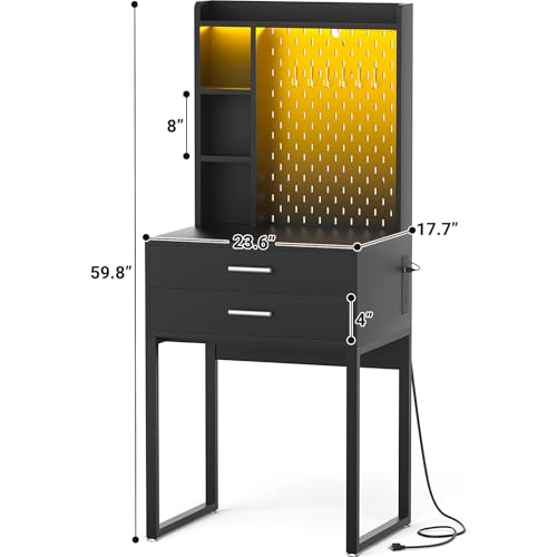 Besiost Small Vanity Desk with Hutch and Drawers, Black Makeup Vanity Desk with Charging Station, Vanity Table Dressing Table with LED Lights, Vanity Desk No Mirror with Pegboard for Girls Women, 24"