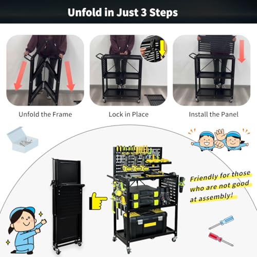 Lumizone 3-Tier Foldable Rolling Tool Cart with Wheels, Utility Cart with Pegboard for Garage Organizer and Tool Storage, Power Tool Storage Cart on Wheels (Tool Cart)