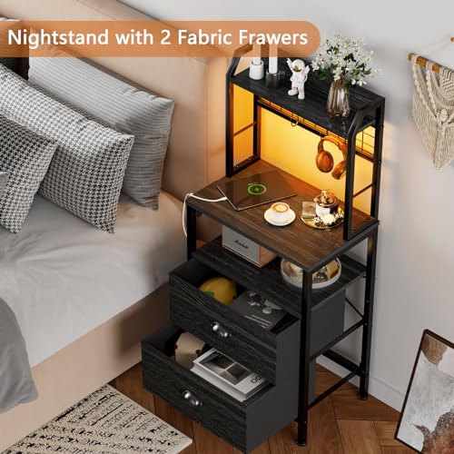 Furologee 41'' Tall Nightstand with Charging Station, Bedside Table with LED Lights, End Table with Drawers and Storage Shelves, Black Night Stand with Pegboard, for Bedroom/Living Room/Study Room