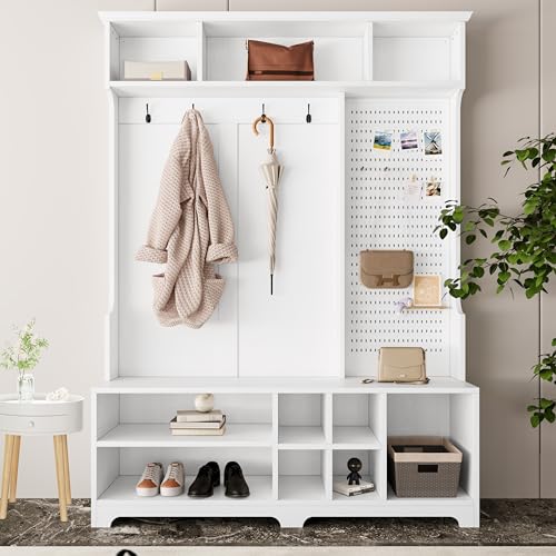 HHOK Cabinet Bench, Shoe, Storage Shelves and Pegboard for Hallways, Bedrooms-White Coat Rack Freestanding Hall Tree, White-15