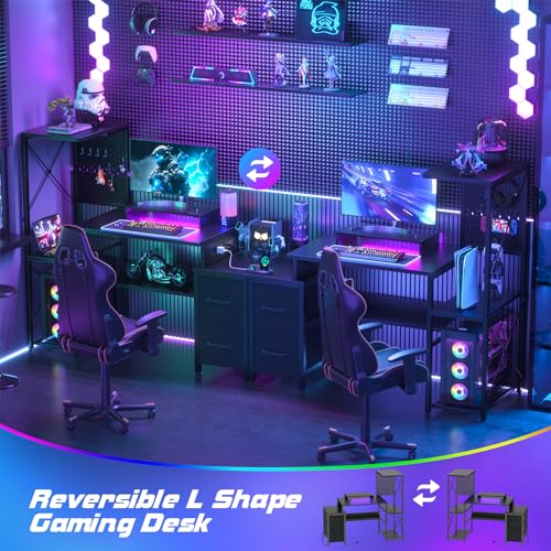 Small Gaming Desk with 2 Fabric Drawers - Reversible Computer Desk with Power Outlet & LED Lights, 49" Office Desk with Monitor Stand & Storage Shelves, Writing Study Table with Pegboard, Black
