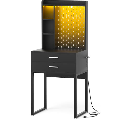 Besiost Small Vanity Desk with Hutch and Drawers, Black Makeup Vanity Desk with Charging Station, Vanity Table Dressing Table with LED Lights, Vanity Desk No Mirror with Pegboard for Girls Women, 24"
