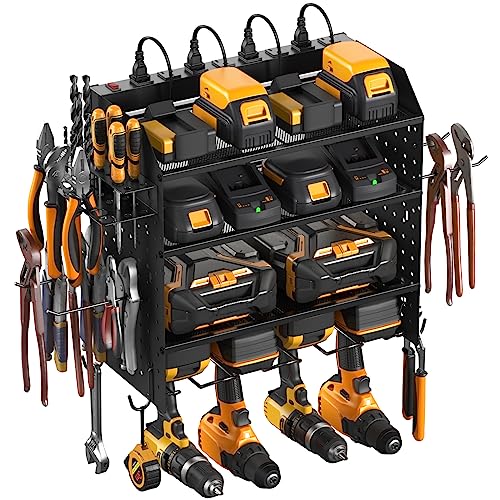 CCCEI Modular Pegboard Rack Power Tool Organizer with Charging Station. 4 Layer Wall Mount Drill Holder, Tool Battery Charger Organizer. Garage Shop Storage Utility Shelf with 10FT Power Strip.