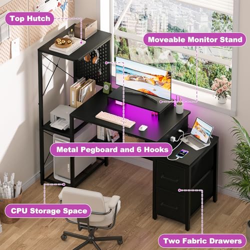 Small Gaming Desk with 2 Fabric Drawers - Reversible Computer Desk with Power Outlet & LED Lights, 49" Office Desk with Monitor Stand & Storage Shelves, Writing Study Table with Pegboard, Black