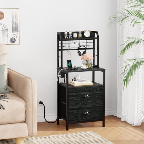 Furologee 41'' Tall Nightstand with Charging Station, Bedside Table with LED Lights, End Table with Drawers and Storage Shelves, Black Night Stand with Pegboard, for Bedroom/Living Room/Study Room