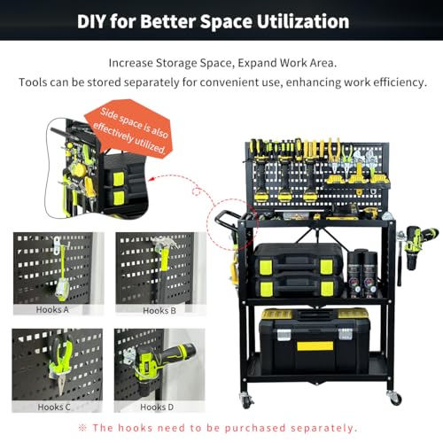 Lumizone 3-Tier Foldable Rolling Tool Cart with Wheels, Utility Cart with Pegboard for Garage Organizer and Tool Storage, Power Tool Storage Cart on Wheels (Tool Cart)