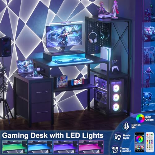 Small Gaming Desk with 2 Fabric Drawers - Reversible Computer Desk with Power Outlet & LED Lights, 49" Office Desk with Monitor Stand & Storage Shelves, Writing Study Table with Pegboard, Black