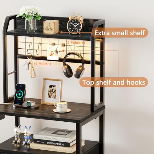 Furologee 41'' Tall Nightstand with Charging Station, Bedside Table with LED Lights, End Table with Drawers and Storage Shelves, Black Night Stand with Pegboard, for Bedroom/Living Room/Study Room