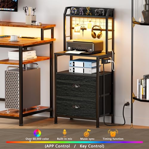 Furologee 41'' Tall Nightstand with Charging Station, Bedside Table with LED Lights, End Table with Drawers and Storage Shelves, Black Night Stand with Pegboard, for Bedroom/Living Room/Study Room