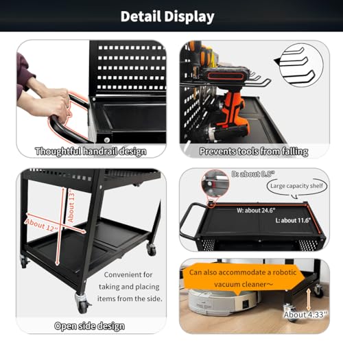 Lumizone 3-Tier Foldable Rolling Tool Cart with Wheels, Utility Cart with Pegboard for Garage Organizer and Tool Storage, Power Tool Storage Cart on Wheels (Tool Cart)