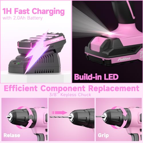 PULITUO 20V Pink Cordless Drill Tool Kit