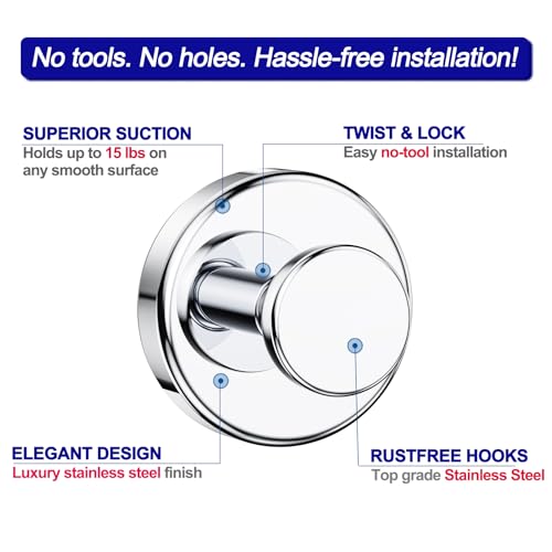 Chrome Suction Cup Hooks for Bathroom - 2 Pack