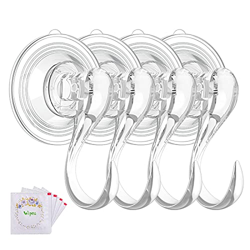 VIS'V Suction Cup Hooks, Small Clear Shower Suction Hooks with Wipes Heavy Duty Vacuum Suction Cups with Hooks Removable Reusable Bathroom Suction Hooks for Tile Wall Window Glass Door - 4 Pcs