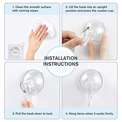 VIS'V Suction Cup Hooks, Small Clear Shower Suction Hooks with Wipes Heavy Duty Vacuum Suction Cups with Hooks Removable Reusable Bathroom Suction Hooks for Tile Wall Window Glass Door - 4 Pcs