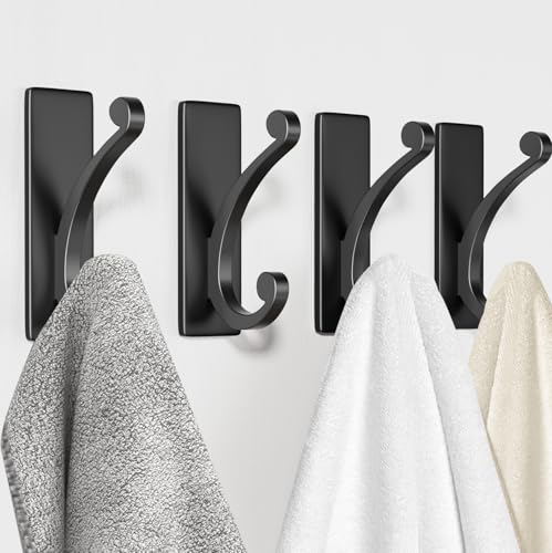 jockcaras Adhesive Wall Hook for Towel/Coat - Extra Sticky 10LB Stainless, Stick on Hanger for Bath or Shower, Matt Black 4-Pack