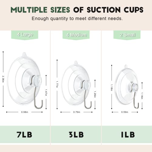 RELBRO Suction Cup Hooks, 10 Pcs Clear Suction Cups with Metal Hooks Combo Set Removable Shower Window Glass Door Suction Cup Hangers for Bathroom Kitchen Wreath - 4 Large 4 Medium 2 Small