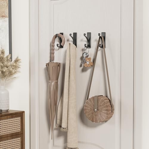 jockcaras Adhesive Wall Hook for Towel/Coat - Extra Sticky 10LB Stainless, Stick on Hanger for Bath or Shower, Matt Black 4-Pack