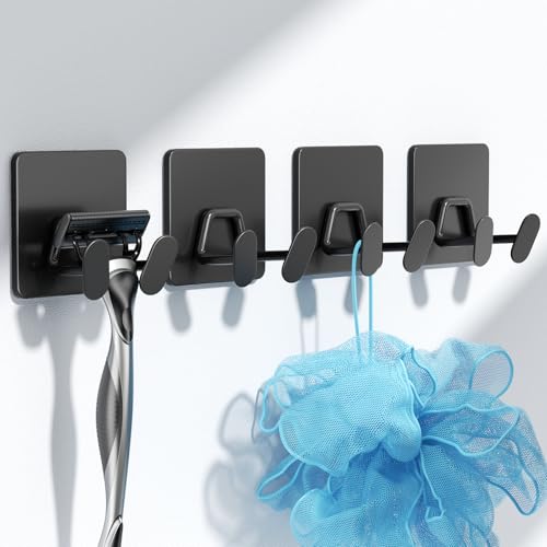 Shower Hooks for Inside Shower - Extra Sticky Stainless, Razor Holder Shower Accessories, Wall Mounted Self-Adhesive Double Hooks for Razor, Loofah, Towel, Shaver, Coat, Key, Matt Black, 4-Pack