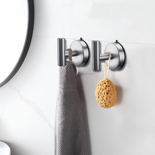 DGYB Large Suction Cup Hooks for Shower Set of 2 Brushed Nickel Towel Hooks for Bathrooms Stainless Steel Suction Shower Hooks for Inside Shower 15 Lb Removable Wall Hooks for Hanging Heavy Duty