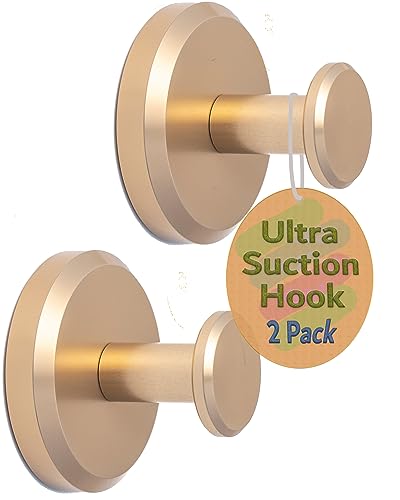 Suction Cup Hooks for Showers, Bathrooms, and Kitchens for Mounting on Smooth Tile, Glass Shower Doors, and Mirrors to Hang Loofah Sponges, Towels, Robes, and More, Gold, 2 Pack