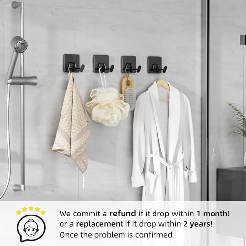 Shower Hooks for Inside Shower - Extra Sticky Stainless, Razor Holder Shower Accessories, Wall Mounted Self-Adhesive Double Hooks for Razor, Loofah, Towel, Shaver, Coat, Key, Matt Black, 4-Pack