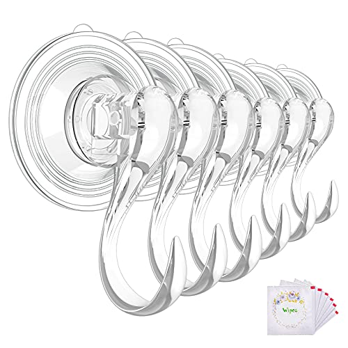 VIS'V Suction Cup Hooks, Small Clear Heavy Duty Vacuum Suction Hooks with Wipes Shower Suction Cups with Hooks Removable Reusable Suction Hangers for Tile Wall Window Glass Door - 6 Pcs