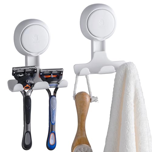 TAILI Suction Cup Razor Holder in Shower 2 Pack, Towel, Loofah, Shaver Holder for Shower Wall, Powerful Suction Cup Shower Hooks for Inside Shower, Easy to Install and Reuse, White