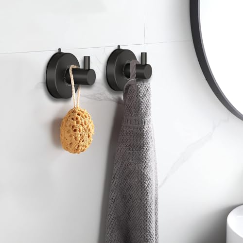 DGYB Suction Cup Hooks for Shower Set of 2 Towel Hooks for Bathrooms SUS 304 Stainless Steel Matte Black Shower Hooks for Loofah 15 LB Bathroom Hooks for Towels