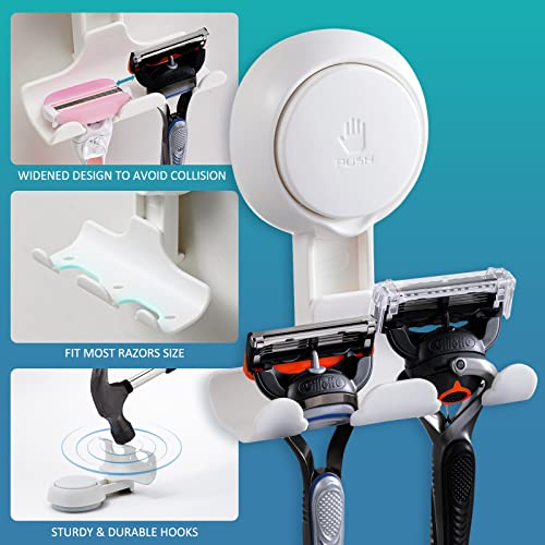 TAILI Suction Cup Razor Holder in Shower 2 Pack, Towel, Loofah, Shaver Holder for Shower Wall, Powerful Suction Cup Shower Hooks for Inside Shower, Easy to Install and Reuse, White